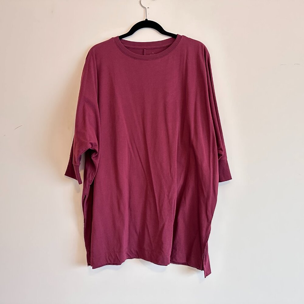 Muji Lightweight 3/4 Sleeve Loose-Fit Sweatshirt Tunic with Side Slits Dark Red - Picture 5 of 6